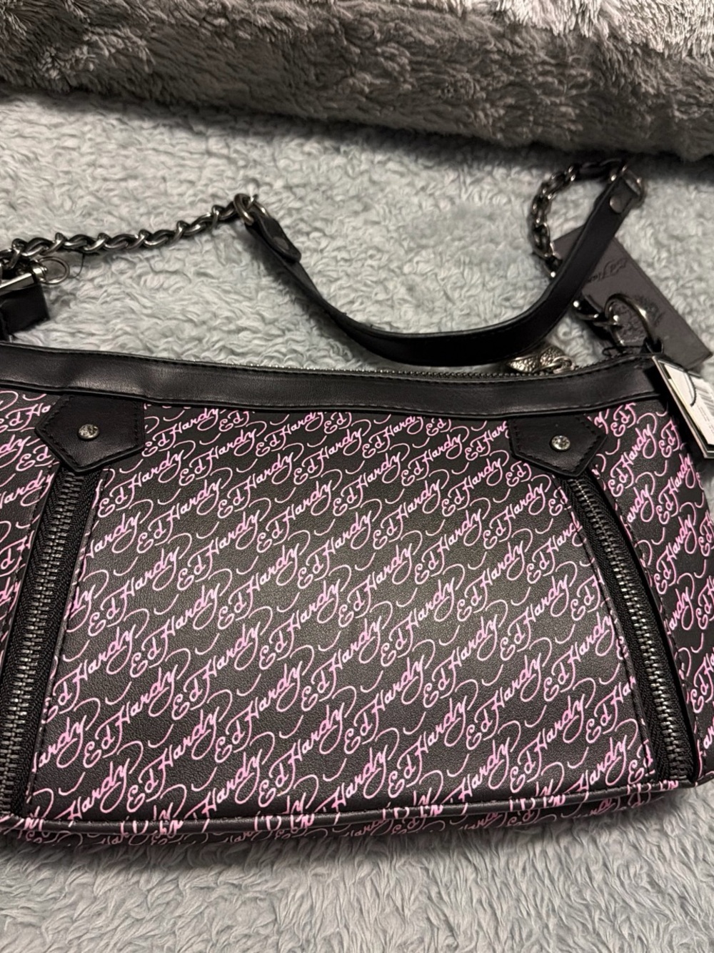 Ed Hardy Pink Script Skull Rhinestone Shoulder Bag - Picture 2 of 5